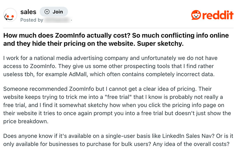 ZoomInfo Blog Reddit Post Regarding Cost