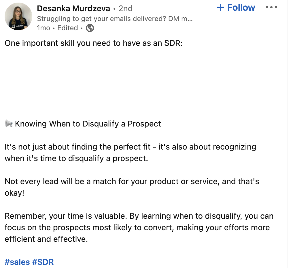 Desanka Murdzeva LinkedIn Post