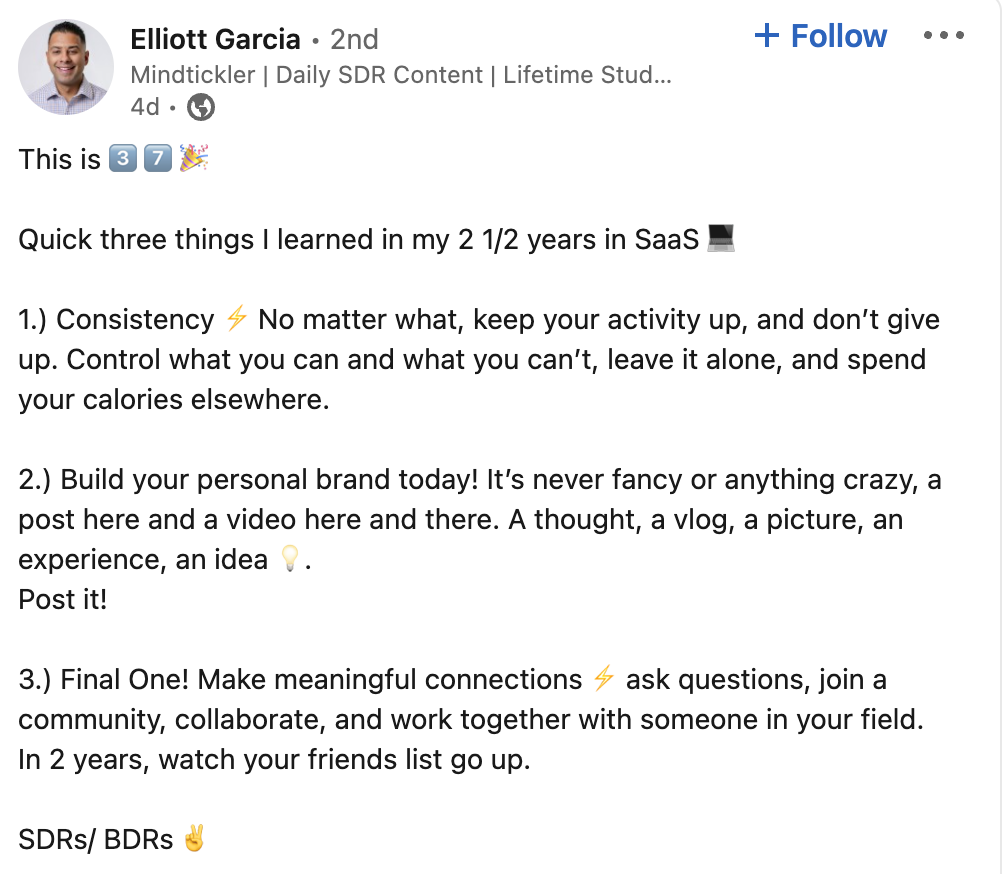 Elliott Garcia LinkedIn Post