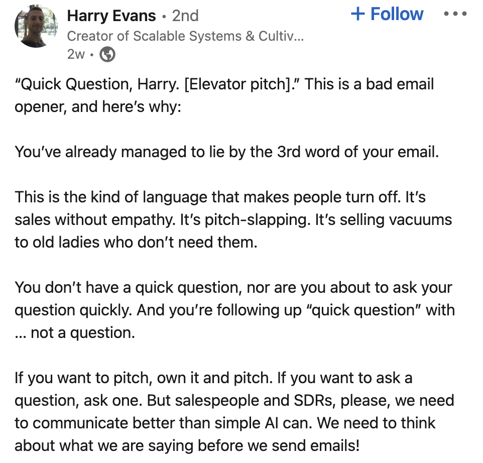 Harry Evans LinkedIn Post