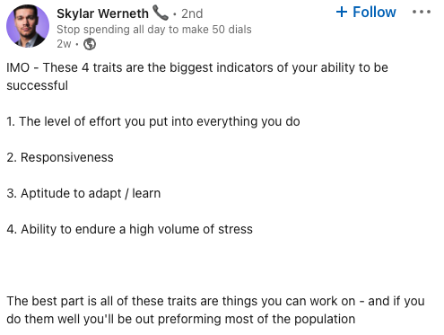 Skylar Werneth Linkedin Post